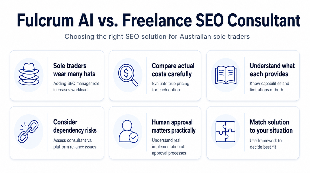 Illustration for the article: Fulcrum AI vs. Hiring a Freelance SEO Consultant in Australia: Which Is Right for a Sole Trader