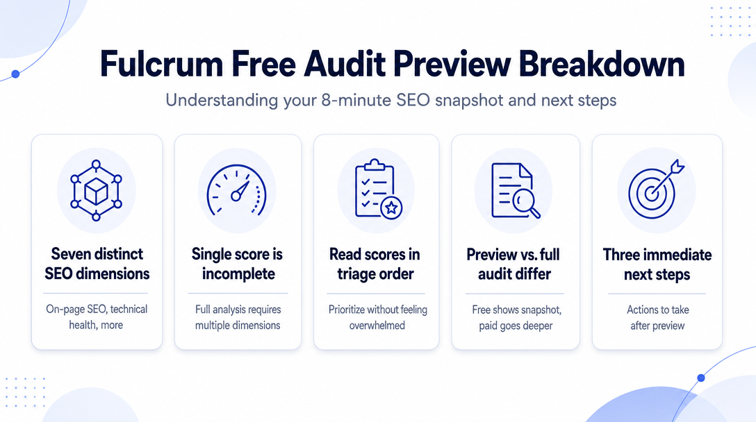 Illustration for the article: How the Fulcrum Free Audit Preview Works: What You'll See in 8 Minutes and What It Costs to Go
