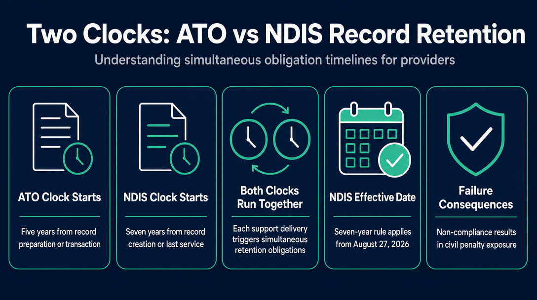 Infographic: The Two-Clock Rule: ATO vs. NDIS Retention Obligations Running Simultaneously