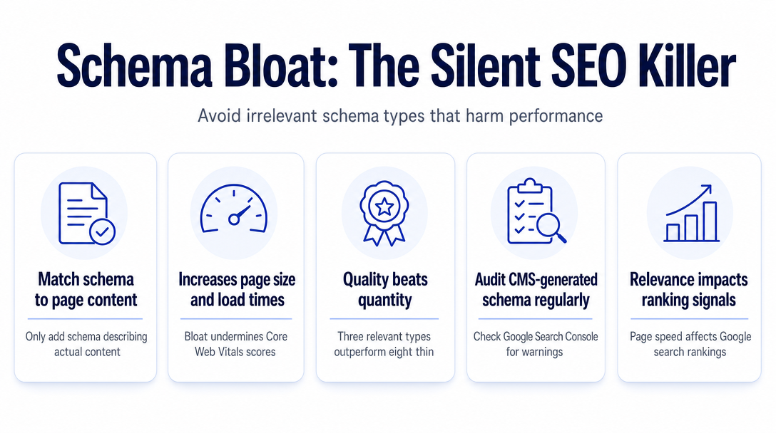 Infographic: The One Mistake That Quietly Tanks Your Schema (Schema Bloat)